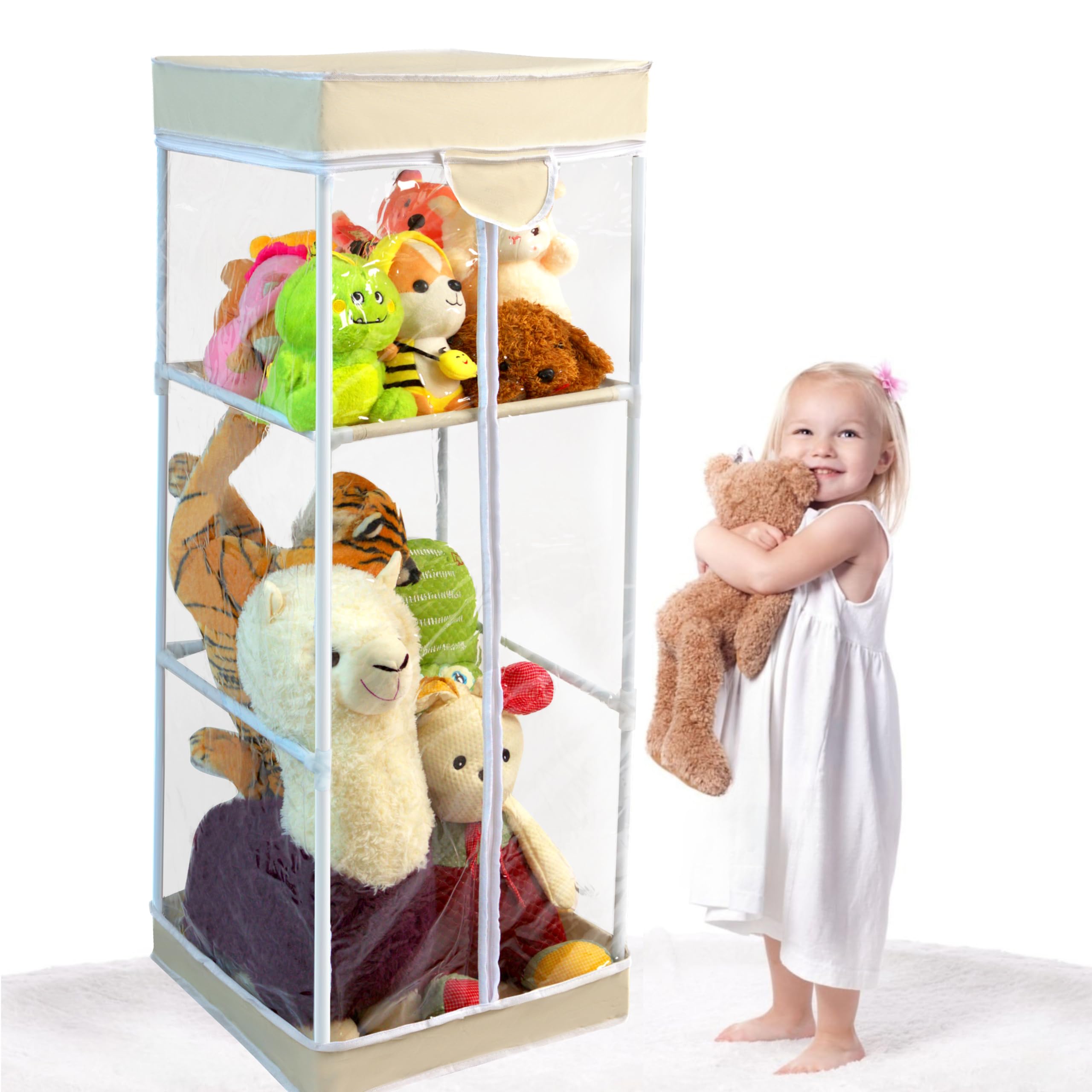 TopMoveStory Stuffed Animal Storage Cabinet with 2-Tier Organizer, Plushies Holder with Clear Dustproof Cover, Teddy Bear Storage Box, Stuffed Animal Zoo, Stuff Holder Organization