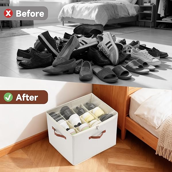 KITHERO 2-PACK SHOE ORGANIZER FOR CLOSET, FOLDABLE SHOE STORAGE CONTAINER WITH ADJUSTABLE DIVIDERS & CLEAR LID, HOLDS UP TO 12 PAIRS, SPACE-SAVING SHOE BOXES, WHITE