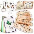 Little Bud Kids Spin-and-Read Phonics Toy, Rotating Wooden Reading Blocks with CVC Flash Cards, A Montessori Reading Learning
