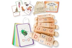 Little Bud Kids Spin-and-Read Phonics Toy, Rotating Wooden Reading Blocks with CVC Flash Cards, A Montessori Reading Learning