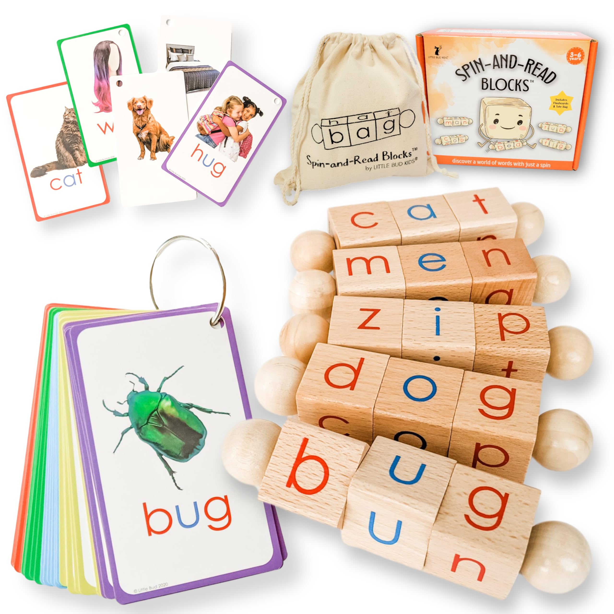 LITTLE BUD KIDS Spin-and-Read Phonics Toy, Rotating Wooden Reading Blocks with CVC Flashcards, A Montessori Reading Learning Resources Toy for 3-5 years old