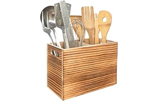 CB Accessories Utensil Holder in Rustic Wood for Kitchen Countertop Organizer and Cooking Tools Storage (Double Compartment)