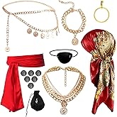 ROPCIA Pirate Costume Accessories for Women Men with Head Scarf Sash Chain Belt Necklace Eye Patch Coins Halloween Costumes Accessories for Cosplay Party