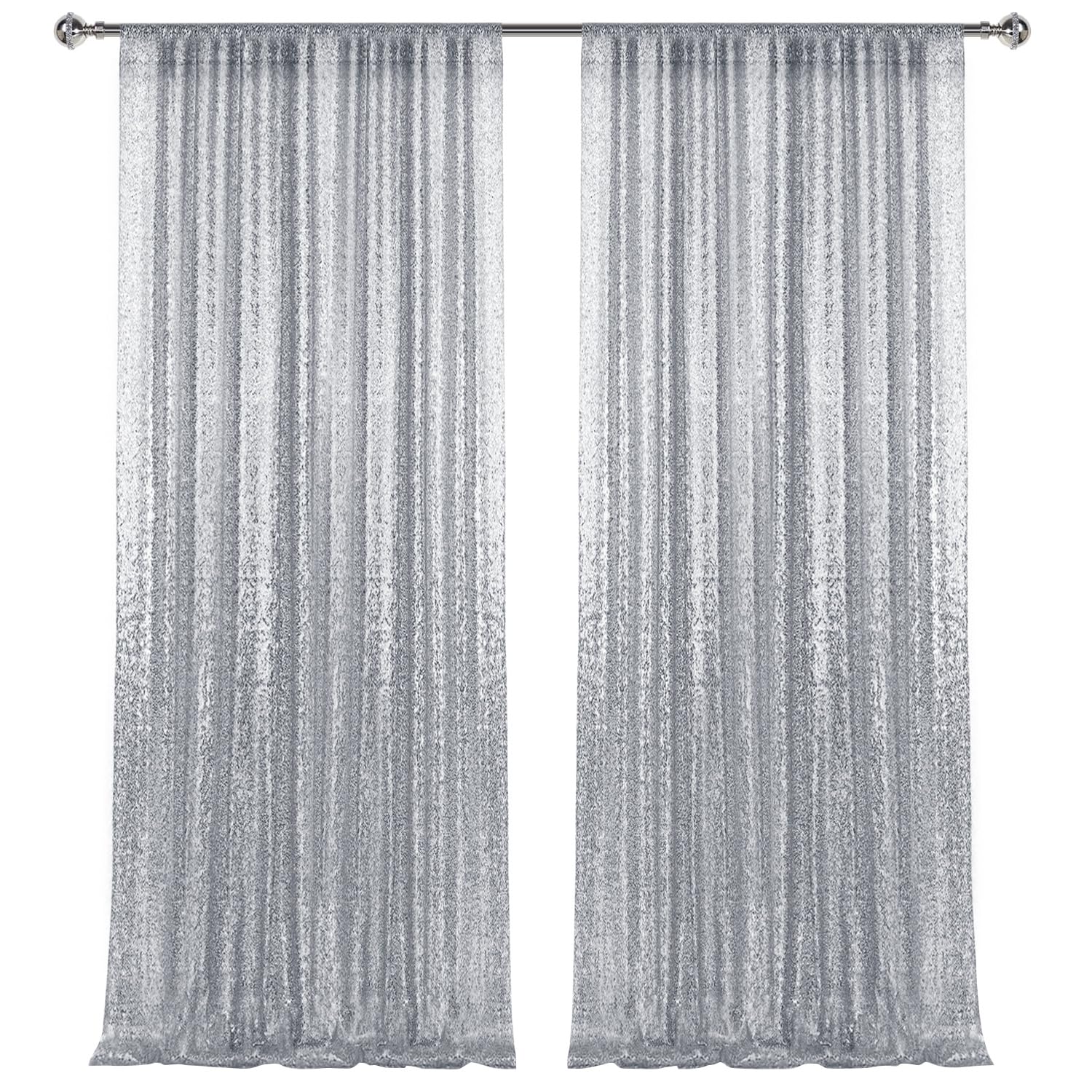 Photo 1 of 2×8FT-2PCS Silver Sequin Backdrop Curtains Panels, Photography Backdrop Glitter Fabric Background for Christmas Wedding Party Decor