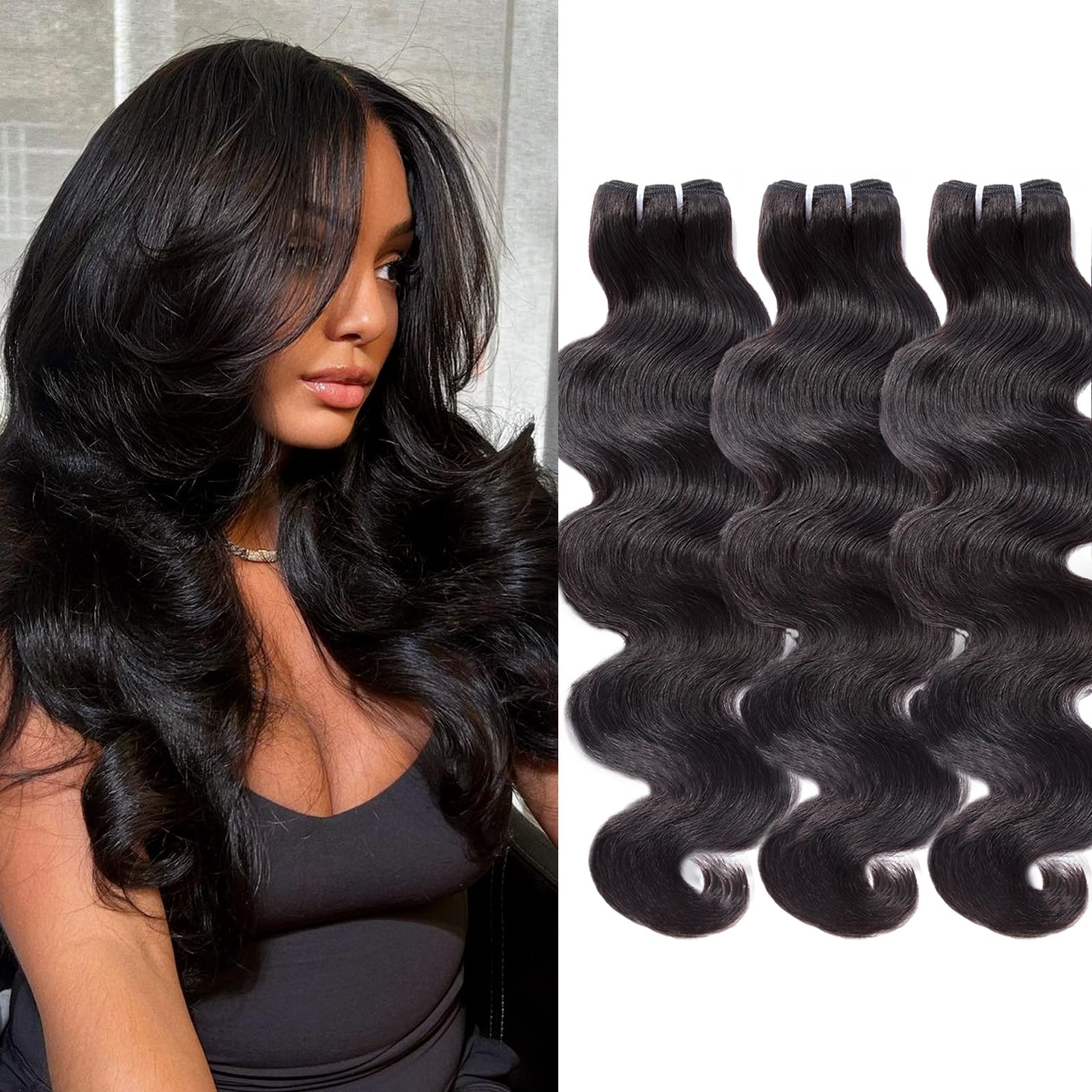 Photo 1 of WEQUEEN Body Wave Bundles Human Hair 16A Brazilian Virgin Hair Bundles, Silky and Soft, 18 20 22 Inch Thick Weave Natural Black