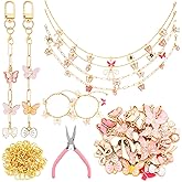 Quelay 91 Pcs Pink Bow Enamel Flat Charms Jewelry Making Kit Gold Keychain Making Kit for Necklace Choker Bracelet with Jewelry Pliers, Butterfly Bowknot Charms Pendants for Women DIY Crafts Supplies