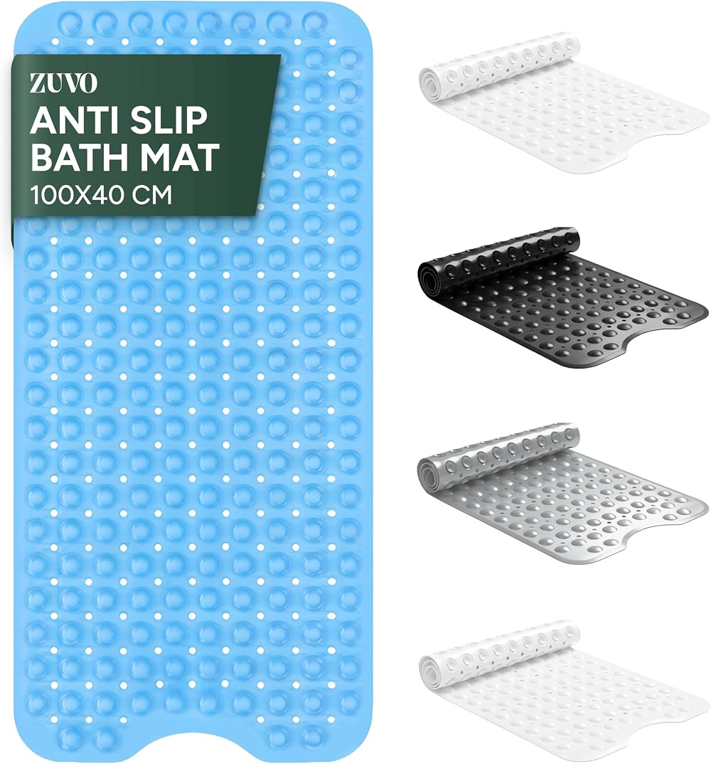 Zuvo Non-Slip Bath Mat Extra Long 100 x 40cm Blue with Suction Cups