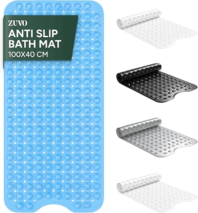 Zuvo Non-Slip Bath Mat Extra Long 100 x 40cm Blue with Suction Cups