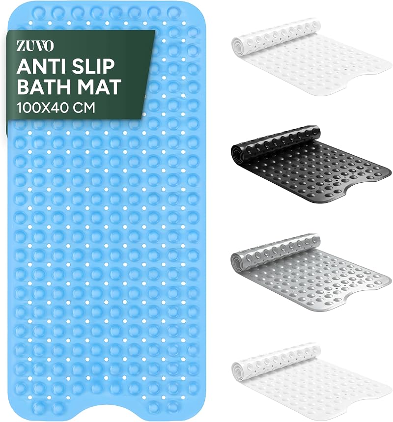 Zuvo Non-Slip Bath Mat Extra Long 100 x 40cm Blue with Suction Cups