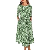 Prinbara Women's 3/4 Sleeve Midi Dresses 2025 Fall Casual Boho A-Line Flowy Swing Summer Floral T Shirt Dress with Pockets