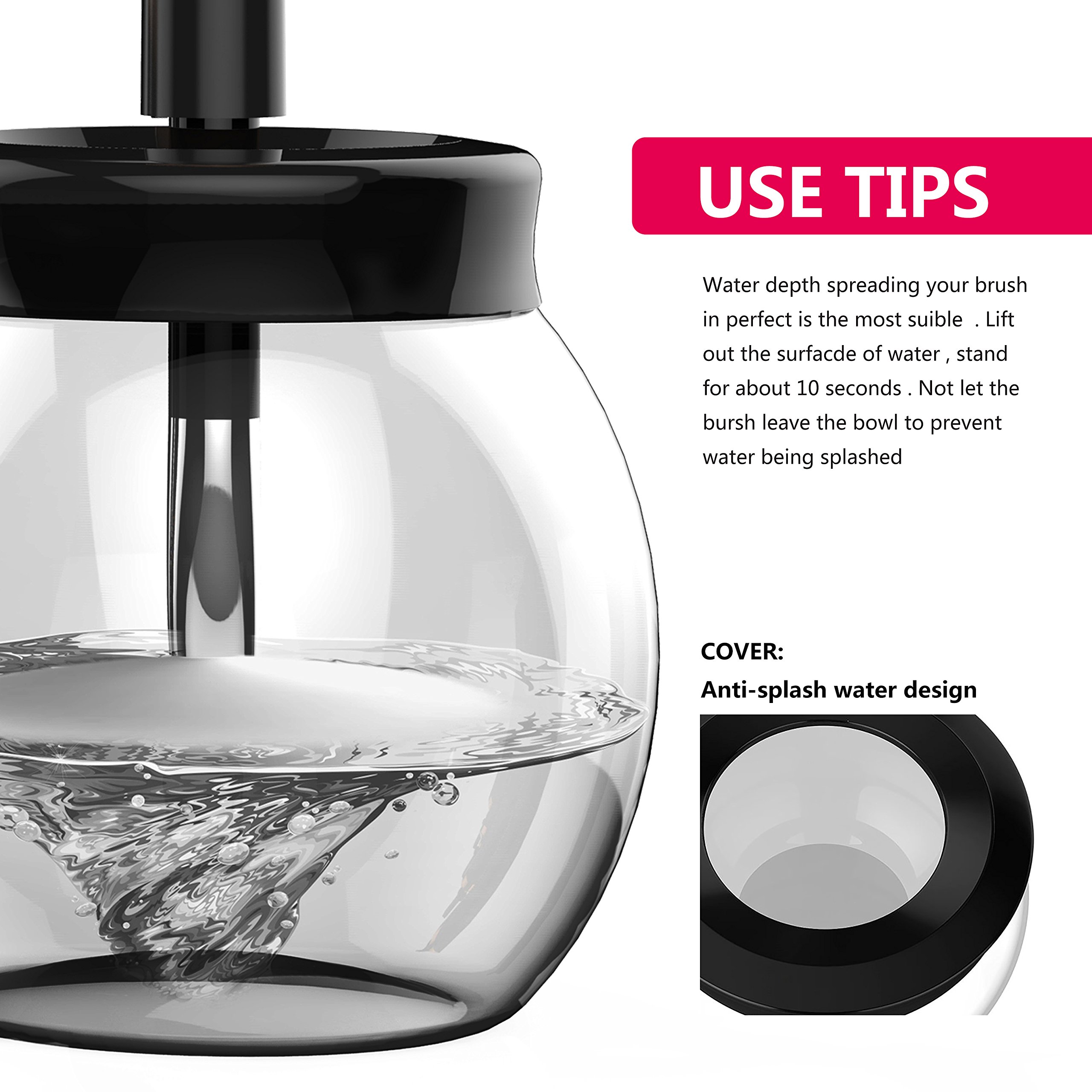 Make Up Brush Cleaner Lammcou Macchina Pulizia del Pennello Completamente Pulito e asciutto in pochi secondi in rotazione a 360 ° con 8 Supporti in Gomma, Adatto per Tutte le dimensioni di Pennelli per il Trucco-Nero