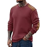 VOGSTART Men Waffle Elbow Patch Shirt Western Long Sleeve Fall Pullover(S-2XL)
