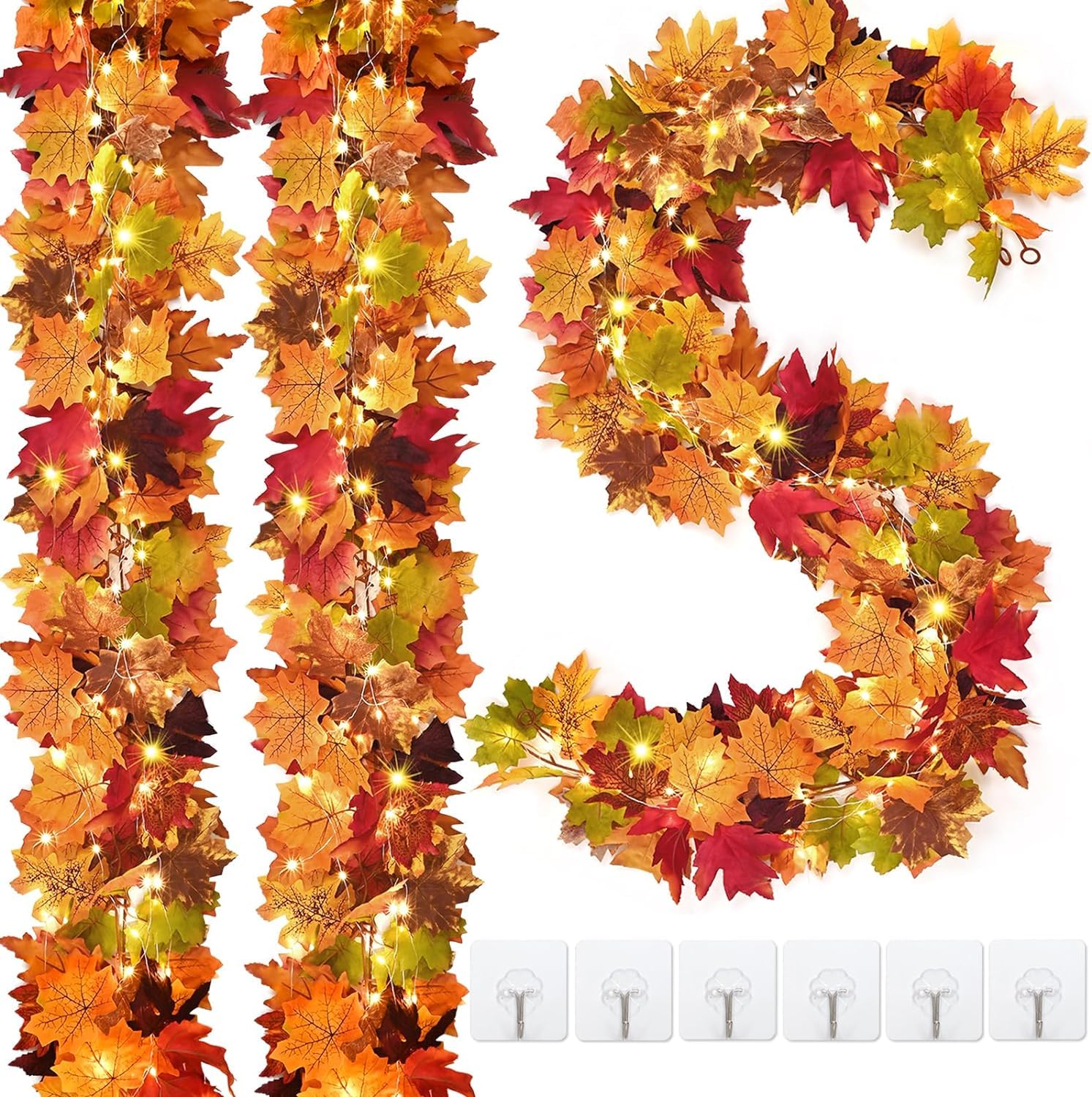 Photo 1 of 3Pcs Fall Garland with Lights, 17Ft Fall Leaves Garland for Mantle, Lighted Garlands, Artificial Maple Leaf Garlands for Centerpiece Front Door Window Fireplace Home Indoor Thanksgiving Decorations