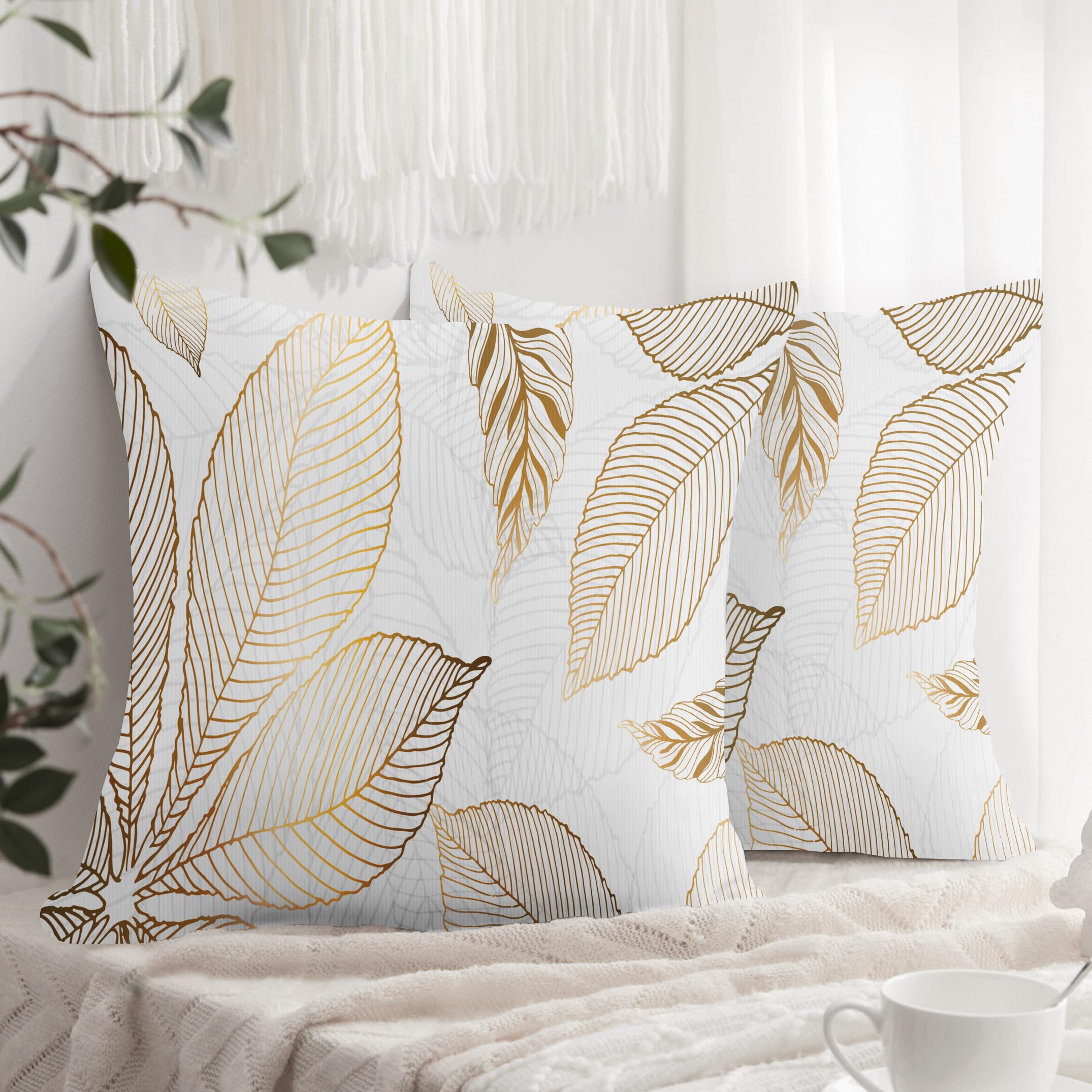 XPHZZL Cushion Covers Set of 2 Pack 50 cm x 50 cm - Soft Golden Leaves Pattern Decorative Pillow Covers for Sofa Bed Garden Outdoor Spring Decor with Invisible Zipper 20 x 20 Inch