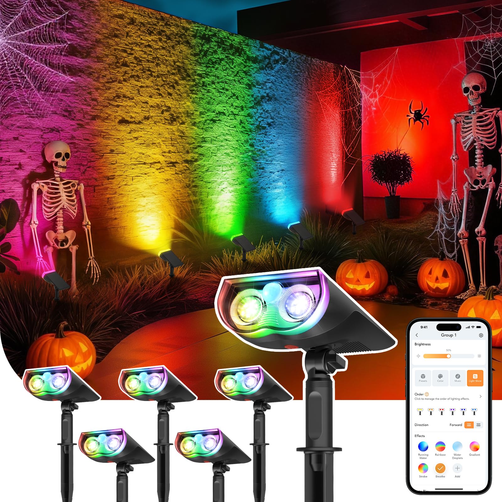 Photo 1 of Linkind Smart Solar Spot Lights Outdoor SL5 with Motion Sensor, APP Control Color Changing Solar Halloween Lights Outdoor, IP65 Landscape Lighting for Yard, Garden, Pathway(6 Pack)
