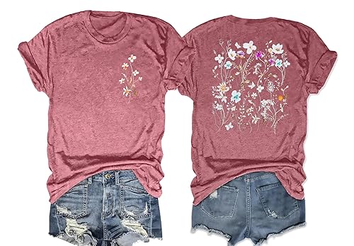 Women Boho Flower T Shirt Floral Graphic Shirt Vintage Wildflowers Shirts Garden Shirts Top(Pink-2, X-Large)