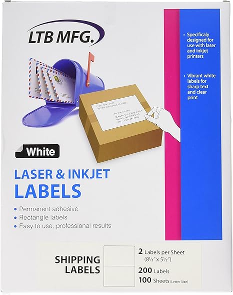 Amazon.com : LTB MFG Laser Inkjet Printer Shipping Labels (2 Per Sheet 8.5