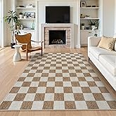 LIVEBOX Machine Washable Area Rug 6x9 Checkered, Non Slip Soft Large Bedroom Living Room Rug Farmhouse Neutral Classic Geometric Boys Rug, Indoor Carpet for Den Dorm Playroom(Brown,6'x9')