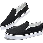 Obtaom Women's White Sneakers Black Slip on Shoes for Women Low Top Canvas Loafers