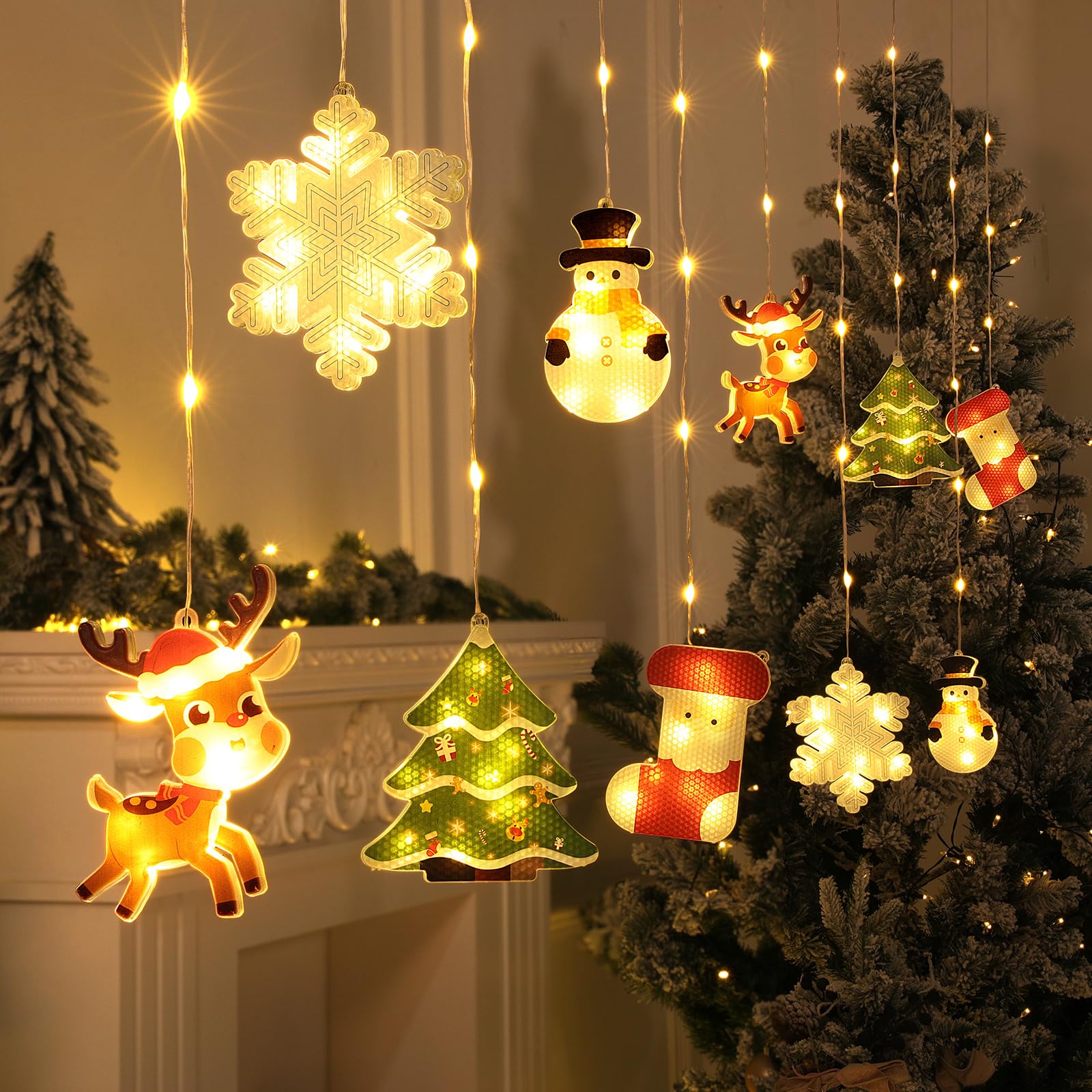 BLOOMWIN Window Lights Christmas Decor - [Upgraded Version] LED Novelty Hanging 3D Christmas Curtain Lights String USB for Indoor Bay Windows Bedroom Wall Snowflake Snowman Xmas Tree Stockings Elk