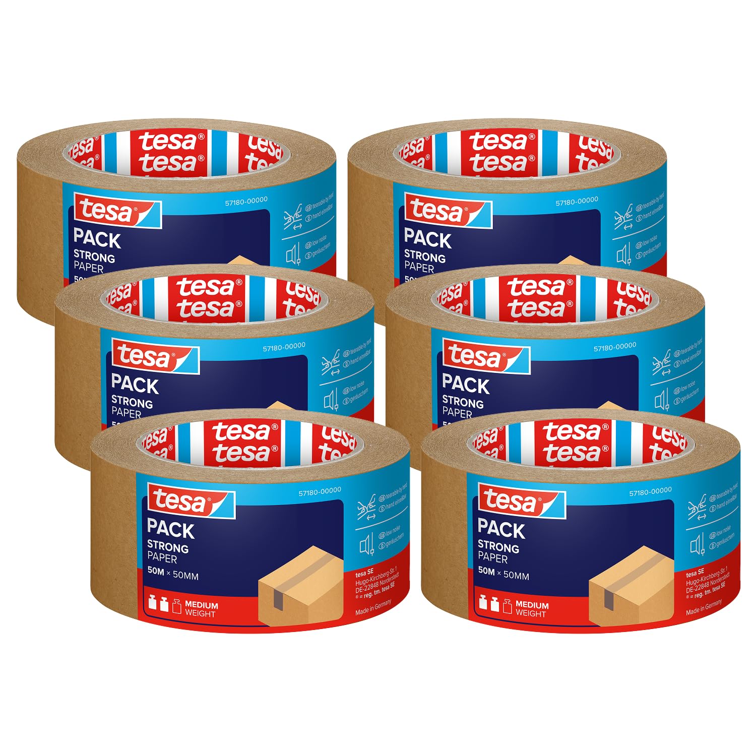 tesapack STRONG PAPER - Paper Packing Tape - 92% Renewable Materials - Hand Tearable - Packaging Tape for Medium Parcels - Brown - 6 Rolls 50 m x 50mm Each