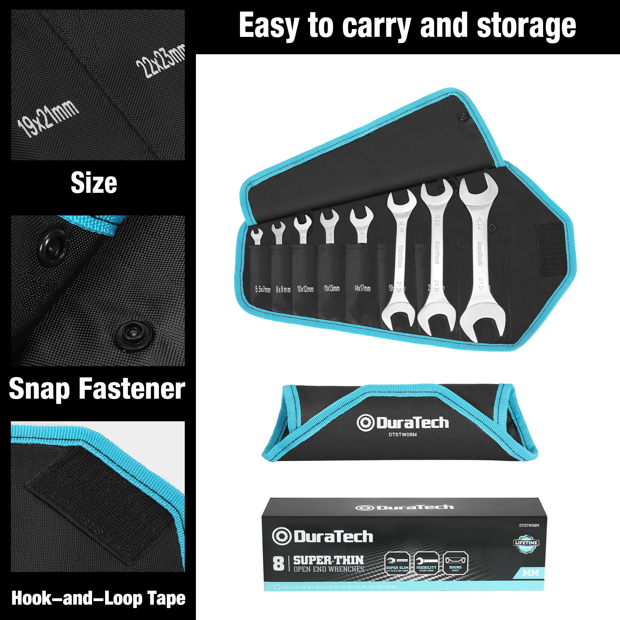 DURATECH Doppelmaulschlüssel Satz Extra Flach, Gabelschlüsselsatz Maulschlüssel Schraubenschlüssel Set, 8-teilig, Metrisch, SW 5,5 mm - 27 mm, mit Aufbewahrungstasche, für engen Raum 7
