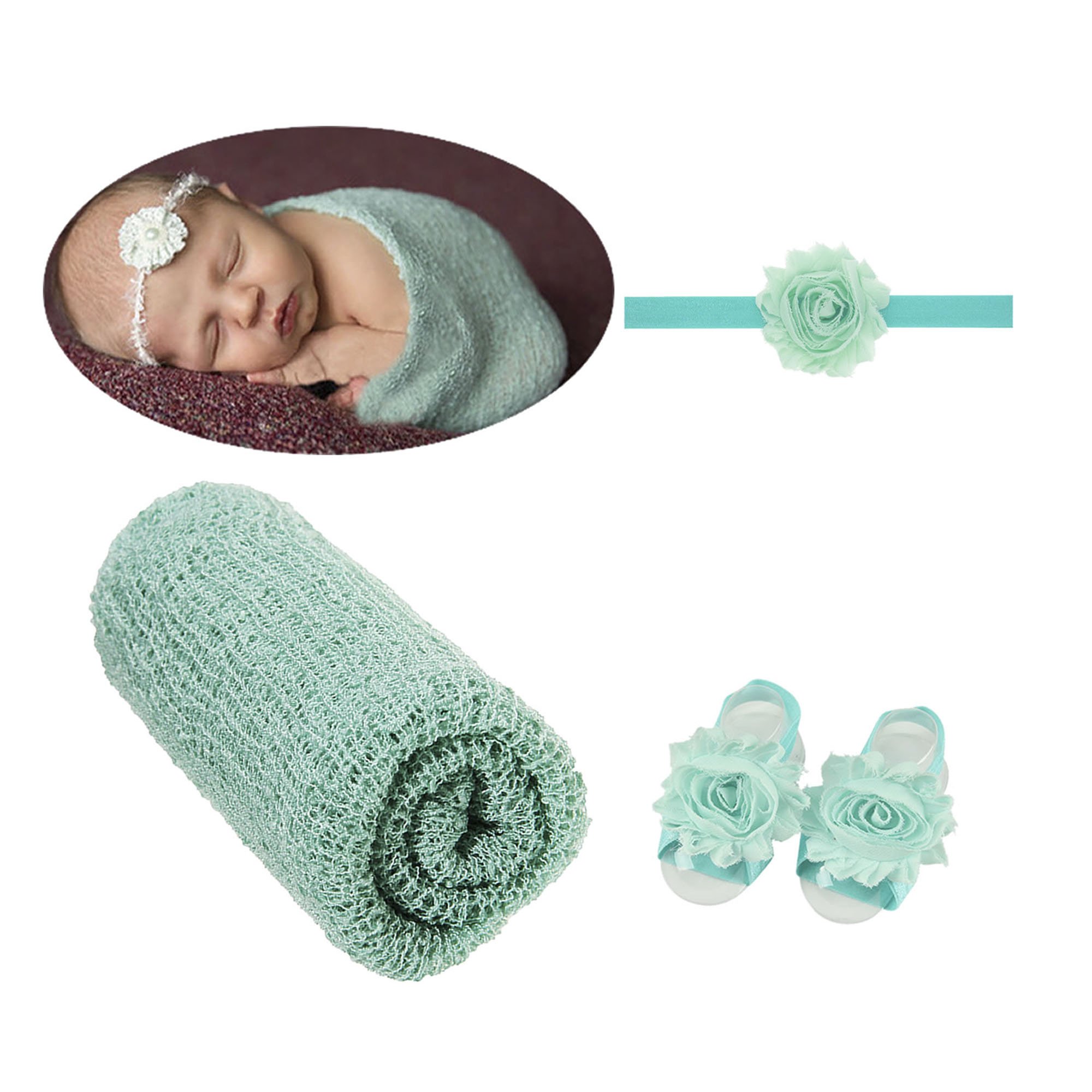 inSowni 3PCS/Set Photo Photography Blanket Props Wrap Swaddle With Flower Headband & Barefoot Sandals For Baby Girl Boy Newborn (Aqua)