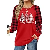 PICKID Christmas Shirts for Women: Merry Christmas T-Shirt Xmas Tree Long Sleeve Shirt Vacation Tee Tops