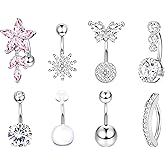 Dochais Pink Heart Belly Button Ring Piercing 8Pcs 14G Surgical Stainless Steel Navel Piercing Hypoallergenic Cute Created-opal Butterfly Belly Button Rings for Women