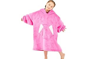 Ramees Wearable Blanket Hoodie for Kids, Sherpa Oversized Sweatshirt Blanket Flannel with Hood Pocket and Sleeves (Pink)