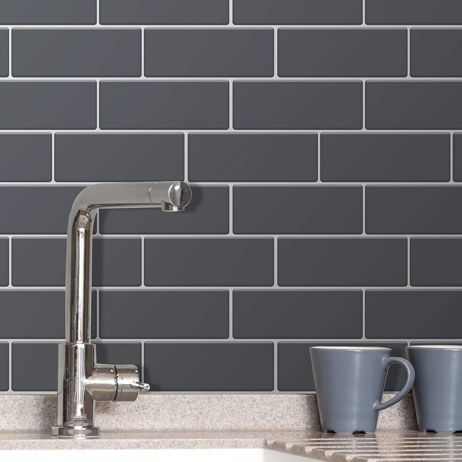 WALPLUS 3D Tile Stickers Peel and Stick Backsplash Splashback Decals Tile Transfer for Kitchen Bathroom Living Room Stick on Tile Waterproof Elegant Dark Grey 12 Sheets 30.5cm(12")