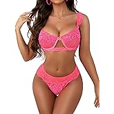 Donnalla Sexy Lingerie for Women 2 Piece Lace Bra and Panty Sets Ruffle Push Up Bralette Mesh Sheer Underwire Outfits