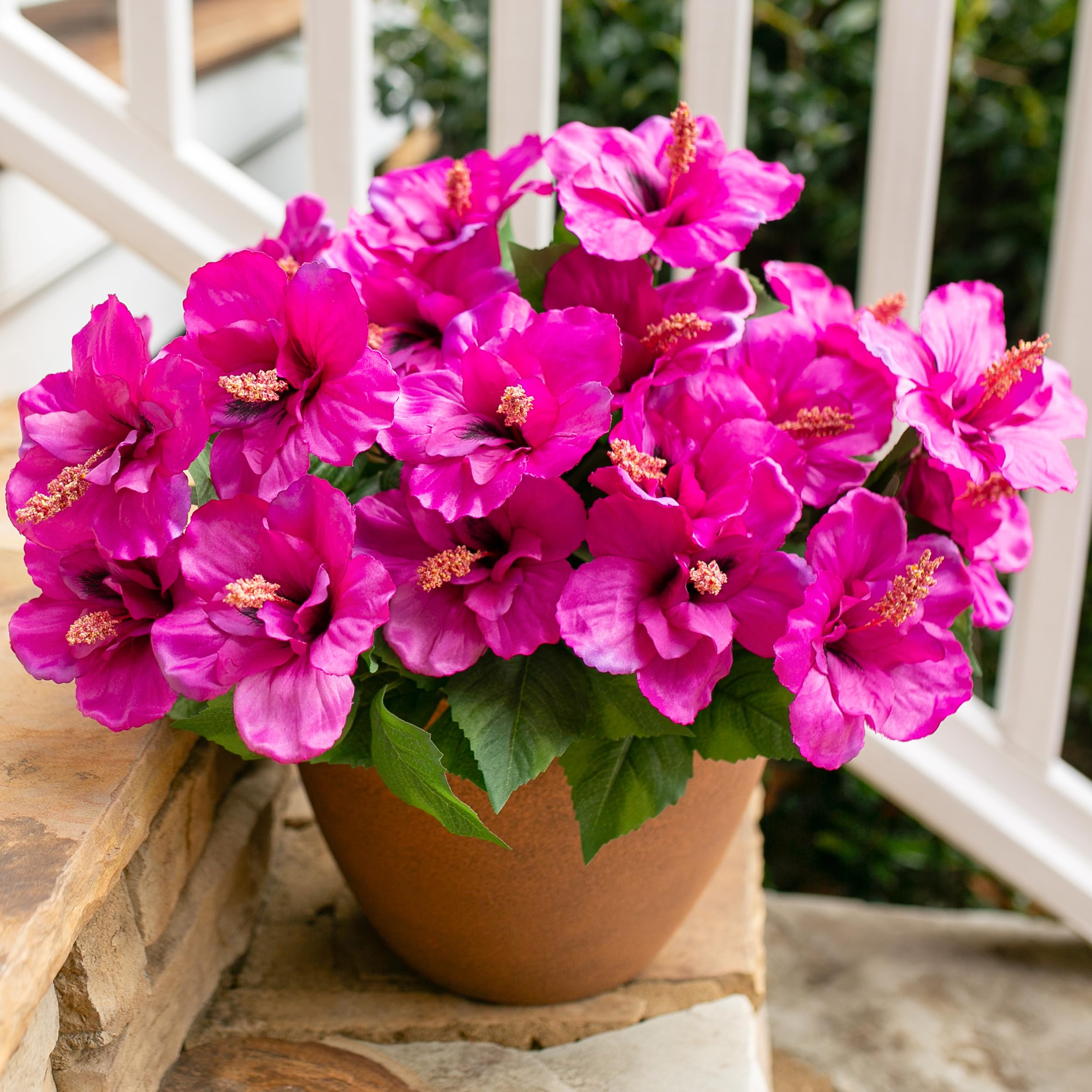 Photo 1 of HyeFlora Artificial Flowers for Outdoors Faux Plants 4 Bundles Realistic Fake Hibiscus Tropical Flower UV Resistant Silk Flowers for Outside Planter Porch Patio Yard Garden Home Decoration, Fuchsia