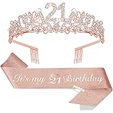 CIEHER 21st Birthday Crown & Sash Set, Rose Gold Rhinestone Tiara & Glitter Sash, Perfect for 21st Birthday Parties