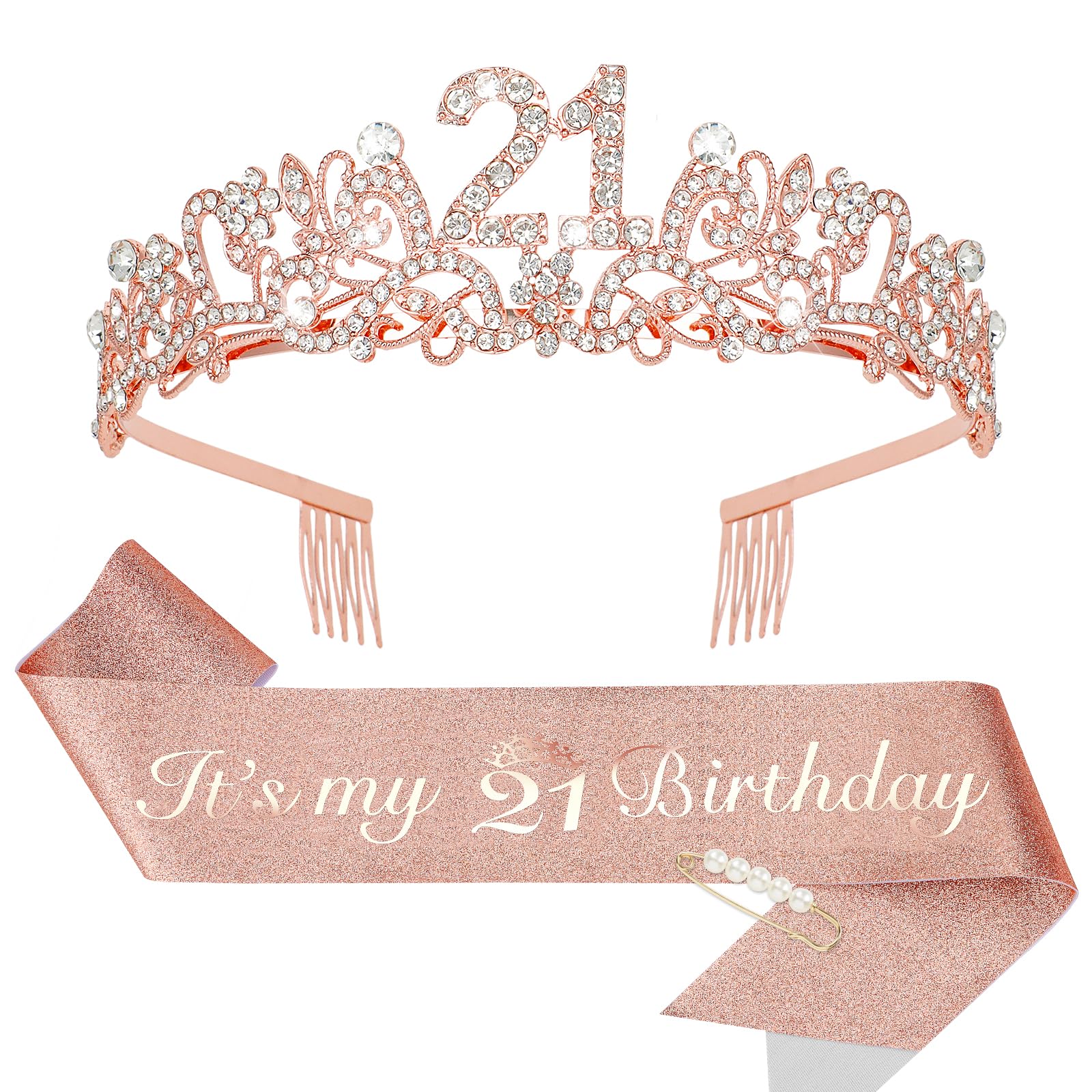 KIUEZIR Rose Gold 21st Birthday Tiara & Sash Set - Lightweight Floral Rhinestone & Alloy Crown with Built-in Comb & Soft Glitter Fabric Sash & Pearl Pin, Women’s Party Accessories for 21st Birthday