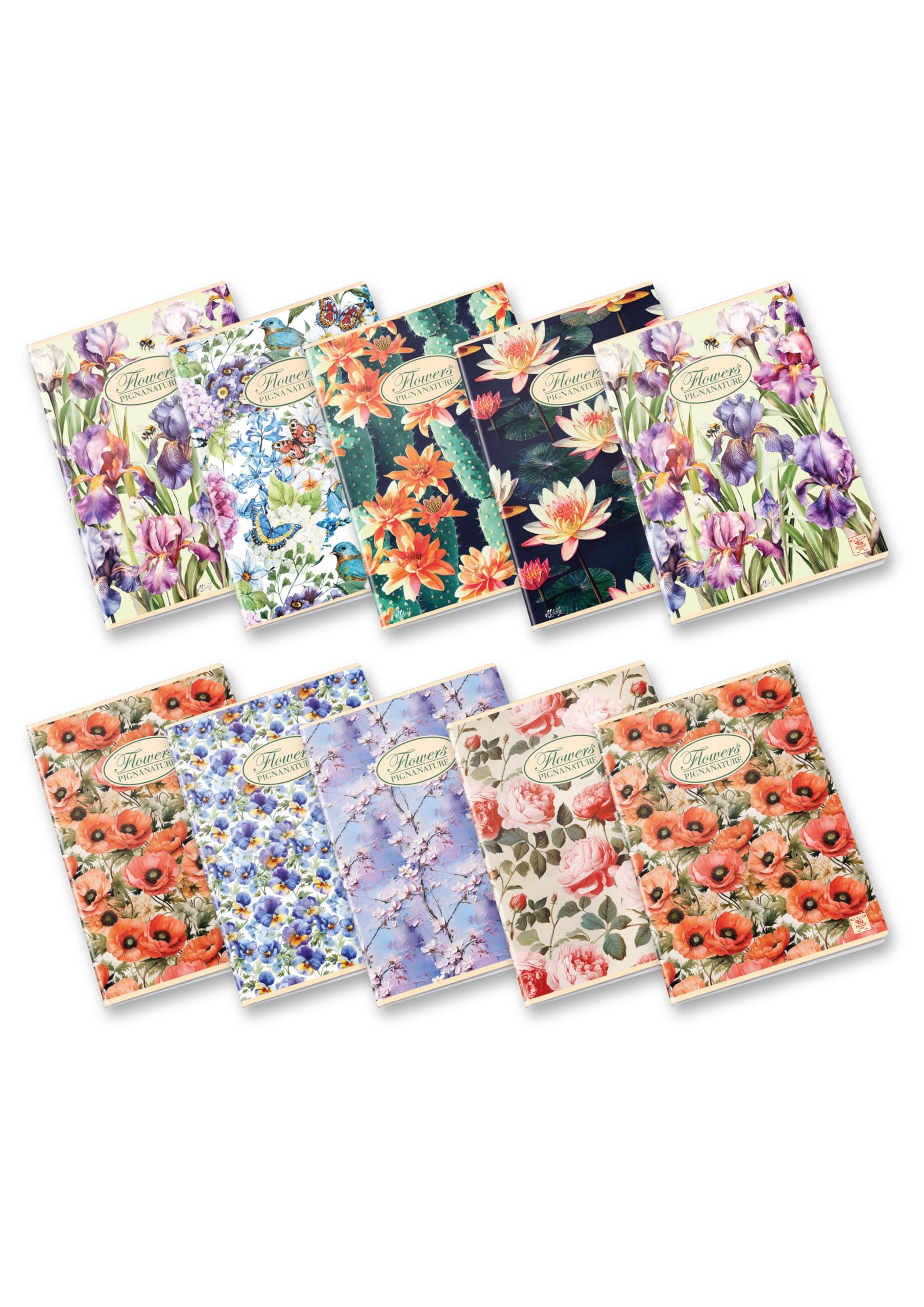 Pigna Nature Flowers 02298855M, A4 notebook, 5M strip, 5mm squares for 2nd and 3rd grade, 80gsm recycled paper, Pack of 10