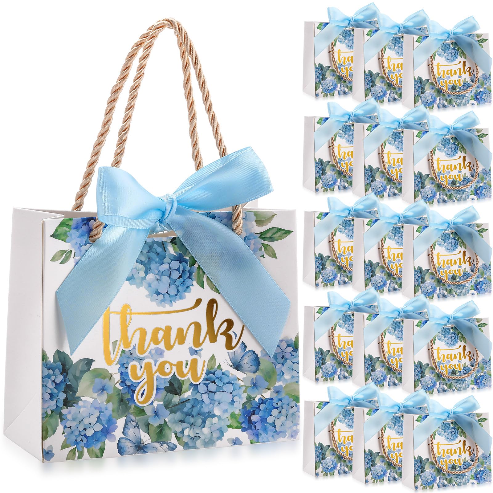 Photo 1 of Moinchore 40 Pack Thank You Gift Bags with Handles Paper Wedding Welcome Bags Bridal Shower Leaf Flower Welcome Gift Tote with Bow for Wedding Birthday Baby Shower Party Favor(Blue Hydrangea)