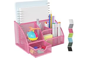 Banshou Desk Organizer Office Accessories,Mesh Desk Office Organizer with Drawer and 6 Compartments 8.74x5.51x5.12 inch,For Office,Home,School,Classroom,kitchen(Pink)