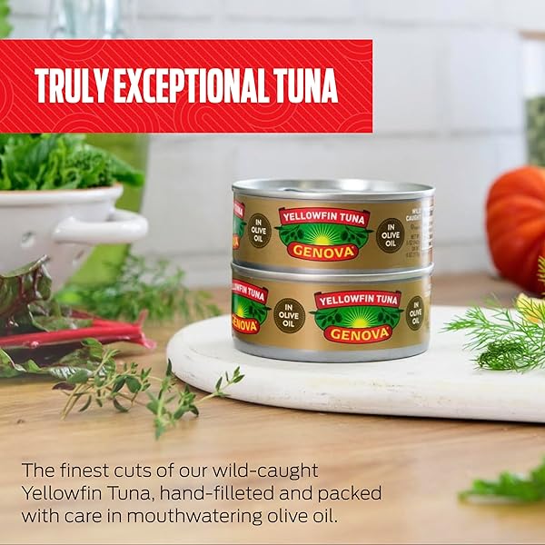 GENOVA PREMIUM YELLOWFIN TUNA IN OLIVE OIL, 5 OUNCE CANS, 8-PACK – NUTRIENT RICH, HIGH PROTEIN CANNED TUNA FISH – DELICIOUS, EASY, NUTRITIOUS READY TO EAT MEALS