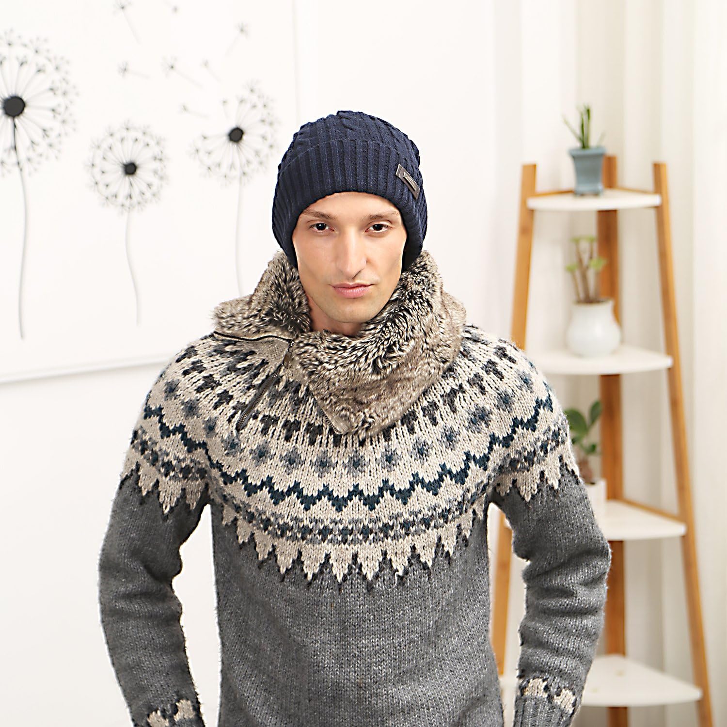 HIG Mens Winter Hat Warm Comfortable Soft Knit Beanie Hats Lined with Fleece (Blue): Clothing