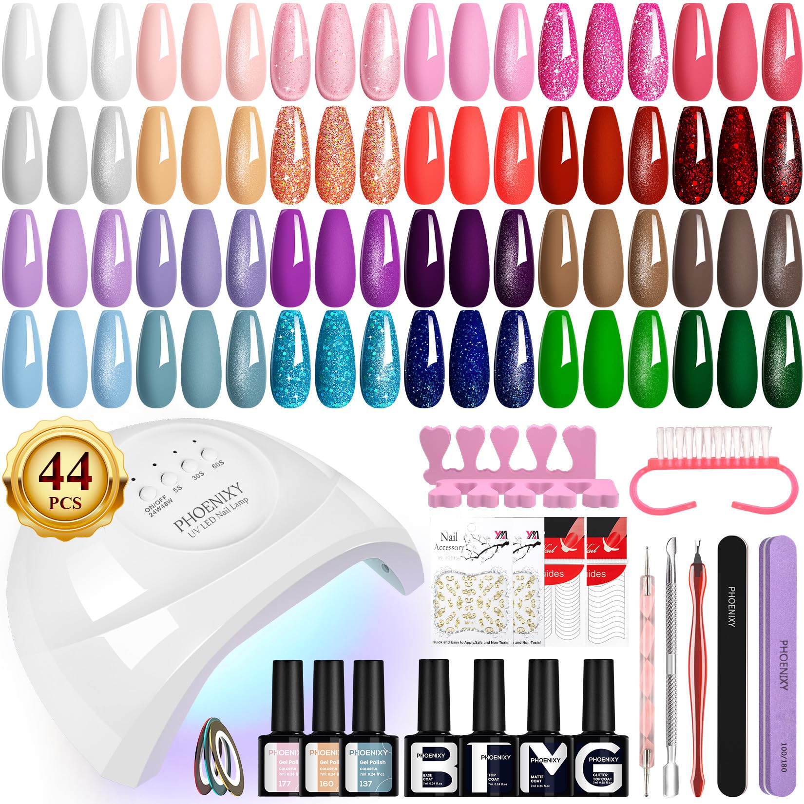 Phoenixy Gel Nail Kit, 24 Colours Gel Nail Polish Set with Base Matte Glitter Top Coat Manicure Tools U V Nail Polish Set with 48W Lamp Starter Kit Nail Art Gifts for Women