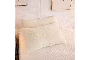 LIFEREVO 2 Pack Ivory Shaggy Plush Faux Fur Pillow Shams Velvet Reverse,Decorative Throw Pillow Covers,Fluffy Pillowcases wit