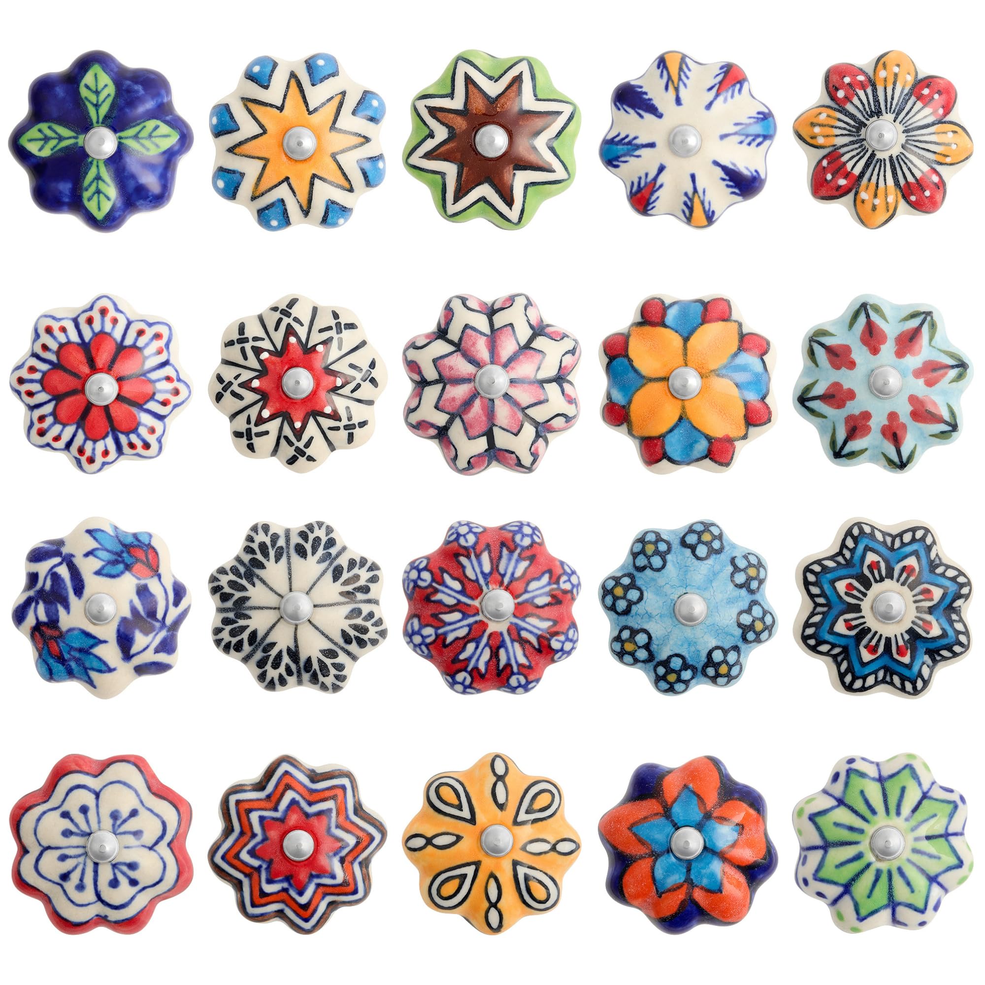 GlobeeCraft Vintage Hand Painted Ceramic Knobs and Handles. Drawer Knobs, Cabinets, Kitchen Door - Multicolor, Unique Design Set of 20 Pieces
