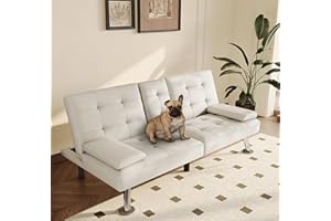 LINSY Futon Sofa Bed, Faux Leather Sleeper Sofa with Mattress and Frame, Convertible Futon Couch for Living Room, White