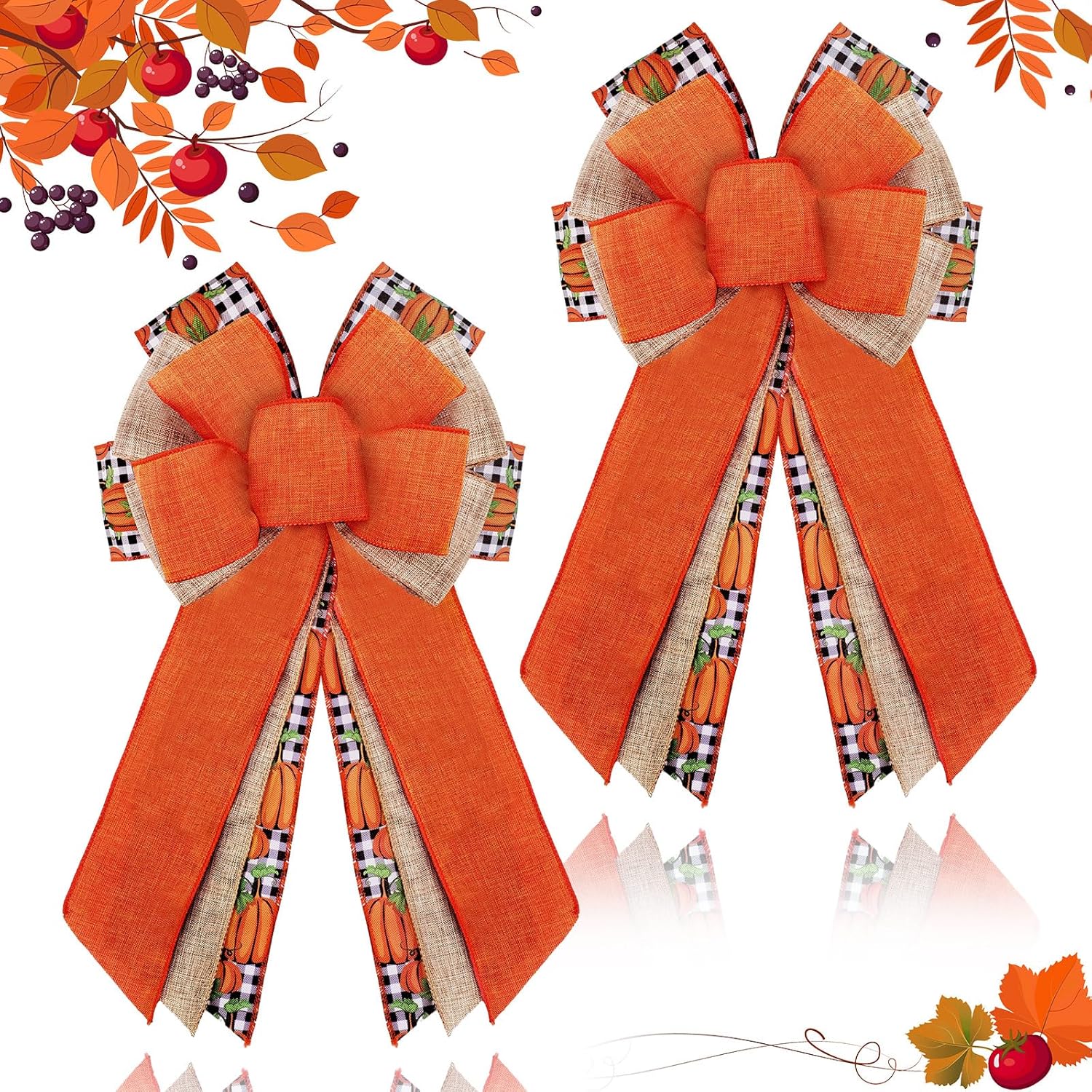 Bows & Ribbons - 2 Pcs Fall Bow Wreath Thanksgiving Wreath Burlap Bow Fall Orange Pumpkin Wreath Bow Decor Buffalo Plaid Bow Tree Topper for Indoor Outdoor Wall Party Decoration, 10 x 18 Inch (Elegant Style)