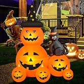 6 FT Halloween Inflatable Outdoor Decor with Ghost Pumpkin and Black Cat | Built-In LED Lights, Lighted Blow Up Yard Decoration for Lawn, Garden, Patio and Halloween Party Displays