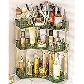 NATURE'S SOURCE Makeup Organizer for Vanity, 3-Tier Corner Bathroom Organizer Countertop with Makeup Brush Holder, Corner Counter Storage for Bathroom Dresser- Green