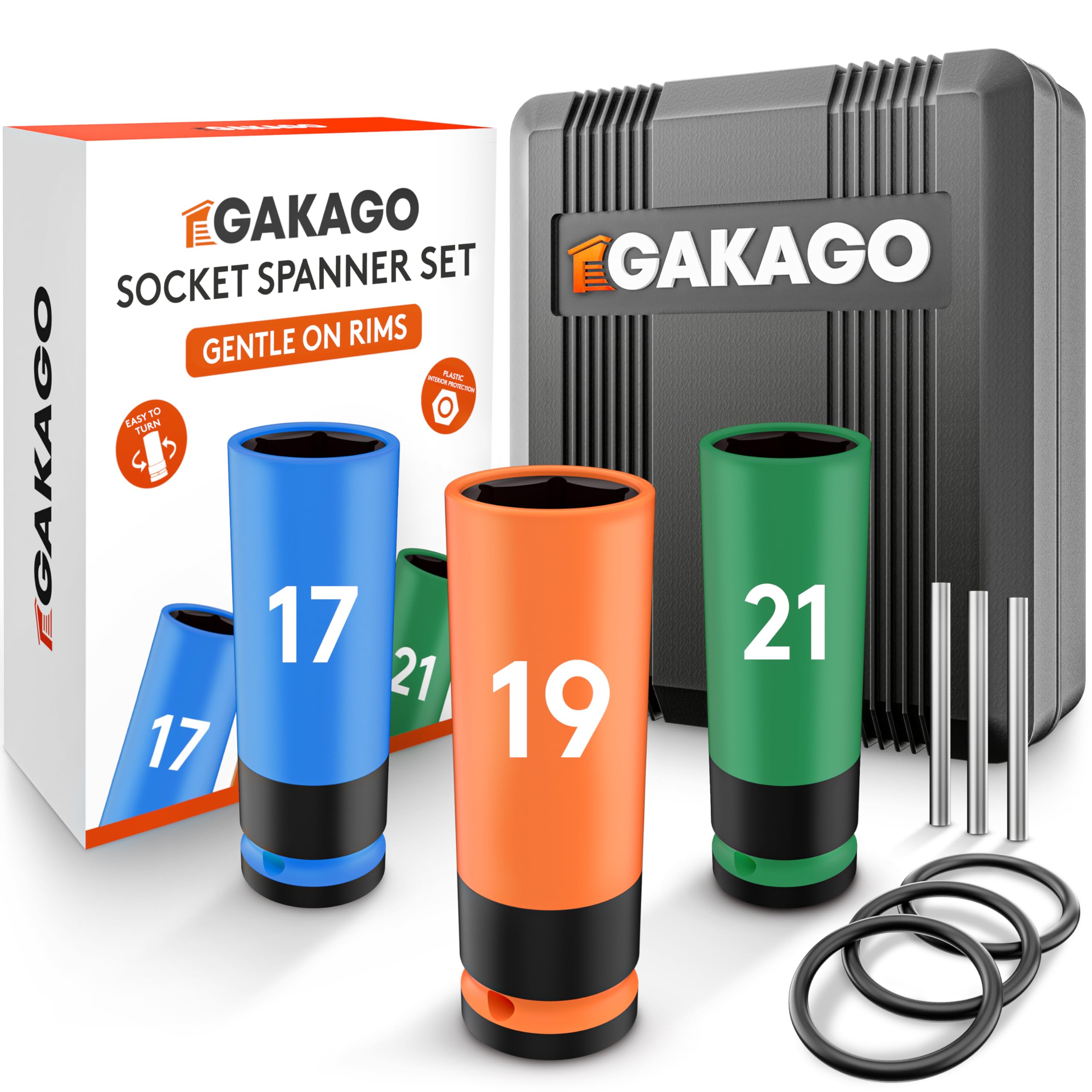 Gakago Socket Spanner Set - 17mm 19mm 21mm Wheel Bolt Socket Set with Plastic Rim Protection - 1/2 inch Socket Spanner bit for Torque and Impact Wrenches with Safety pin and Ring