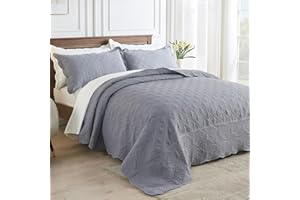 SUCHDECO Oversized King Bedspreads 132x120 inches California King Quilt Set Lightweight Soft Quilted Bedspread Coverlet Set with 2 Pillow Shams, Grid & Damask Embroidery, Grey