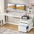 Tribesigns 63 Inch Computer Desk with File Drawer Cabinet, Ergonomic Office Desk with Monitor Stand, Computer Table with Printer Space, Wood PC Table Workstation Desk for Home Office, White